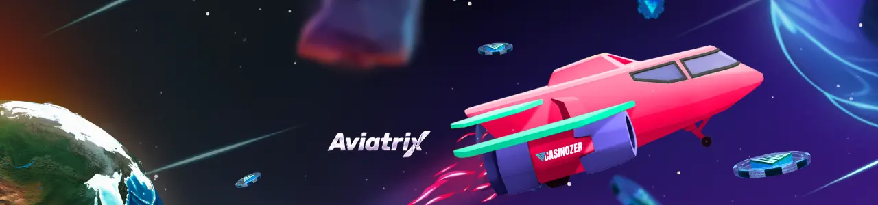 Bannière Aviatrix : un avion rose aux couleurs Casinozer qui traverse l'espace