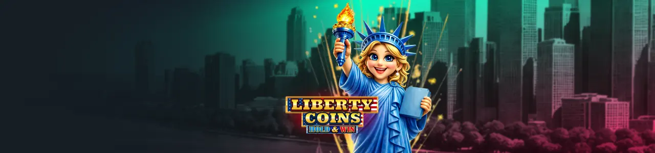 Bannière Liberty Coins Hold and Win : une statue de la Liberté devant une ville
