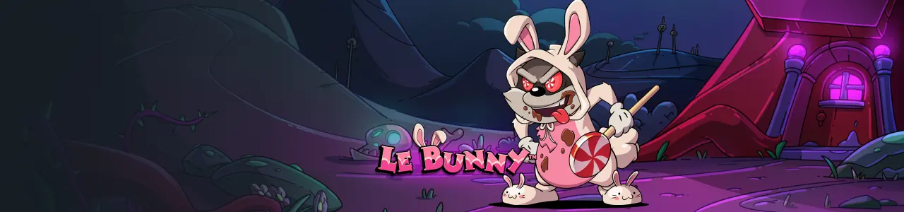 Bannière Le Bunny : un lapin en costume qui tient une sucette dans une vallée violette