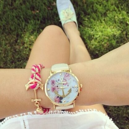 montre ancre fleurs rose
