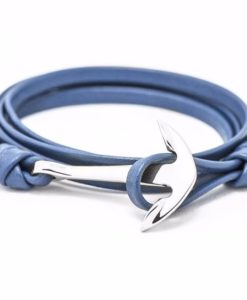 Bracelet ancre argent cuir bleu