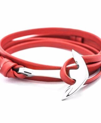 Bracelet ancre argent cuir rouge