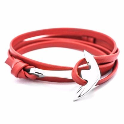 Bracelet ancre argent cuir rouge