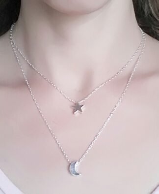 Collier multi-rangs étoile lune argent