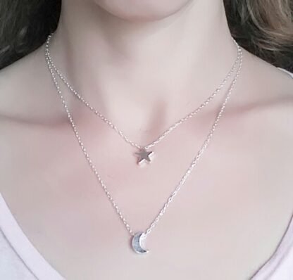 Collier multi-rangs étoile lune argent