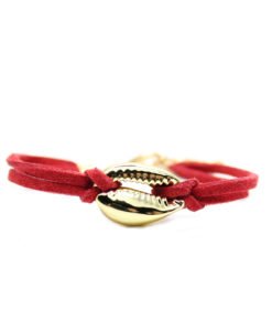 Bracelet coquillage cuir cordon rouge plaque or