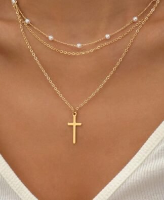 Collier a moins de 10 euros- Multirangs croix dore