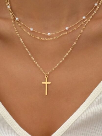 Collier a moins de 10 euros- Multirangs croix dore