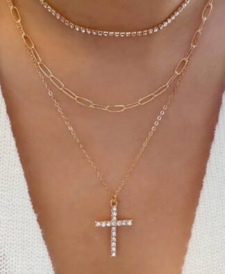 Collier e moins de 10 euros- multirangs croix strass dore