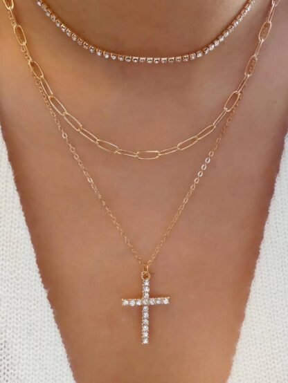 Collier e moins de 10 euros- multirangs croix strass dore