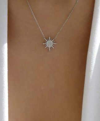 Collier fantaisie pendentif soleil strass argent