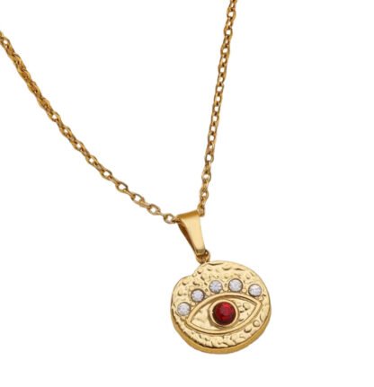 Collier oeil pierre rouge en acier dore