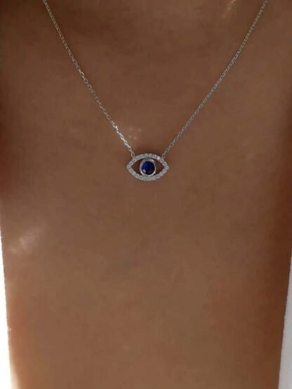 Collier porte-bonheur oeil strass bleu argente