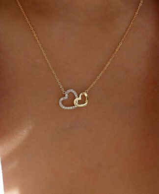 collier chaine fine pendentif double coeur strass