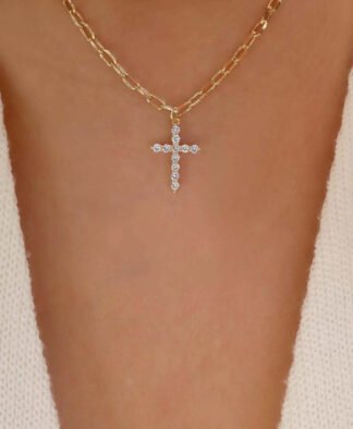 collier chaine gourmette croix strass dore