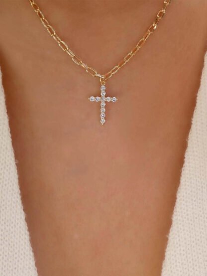 collier chaine gourmette croix strass dore