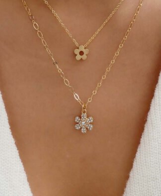 collier fantaisie fleur strass dore