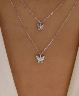 collier multirangs papillon strass argent